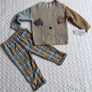Nine West Baby  Boy 2Pc Set Dog Sweater Blue Tan Plaid Pants Size 18M New